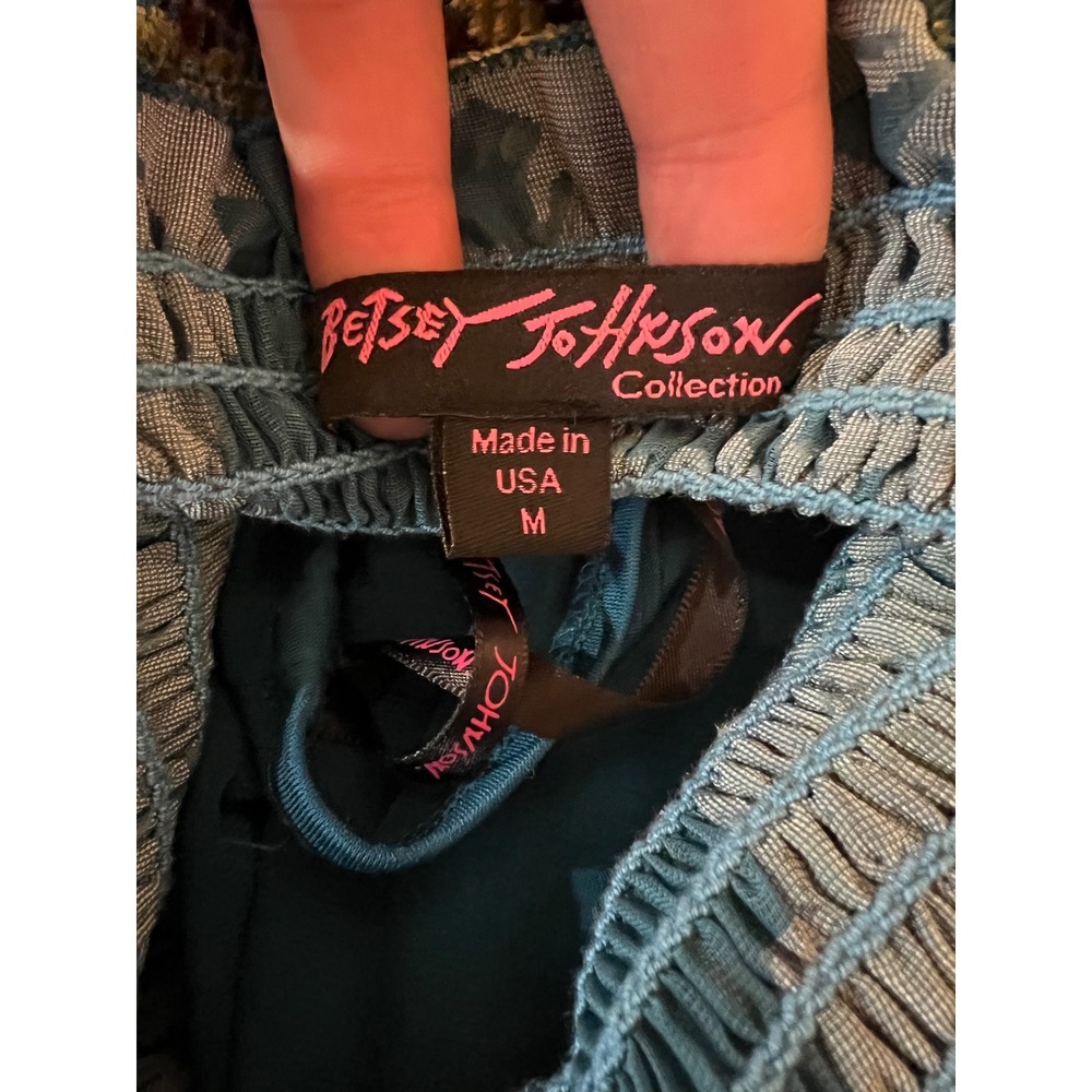 Betsey Johnson Teal Velvet Burnout Puff Sleeve Floral Silk Babydoll Dress M - Picture 7 of 10